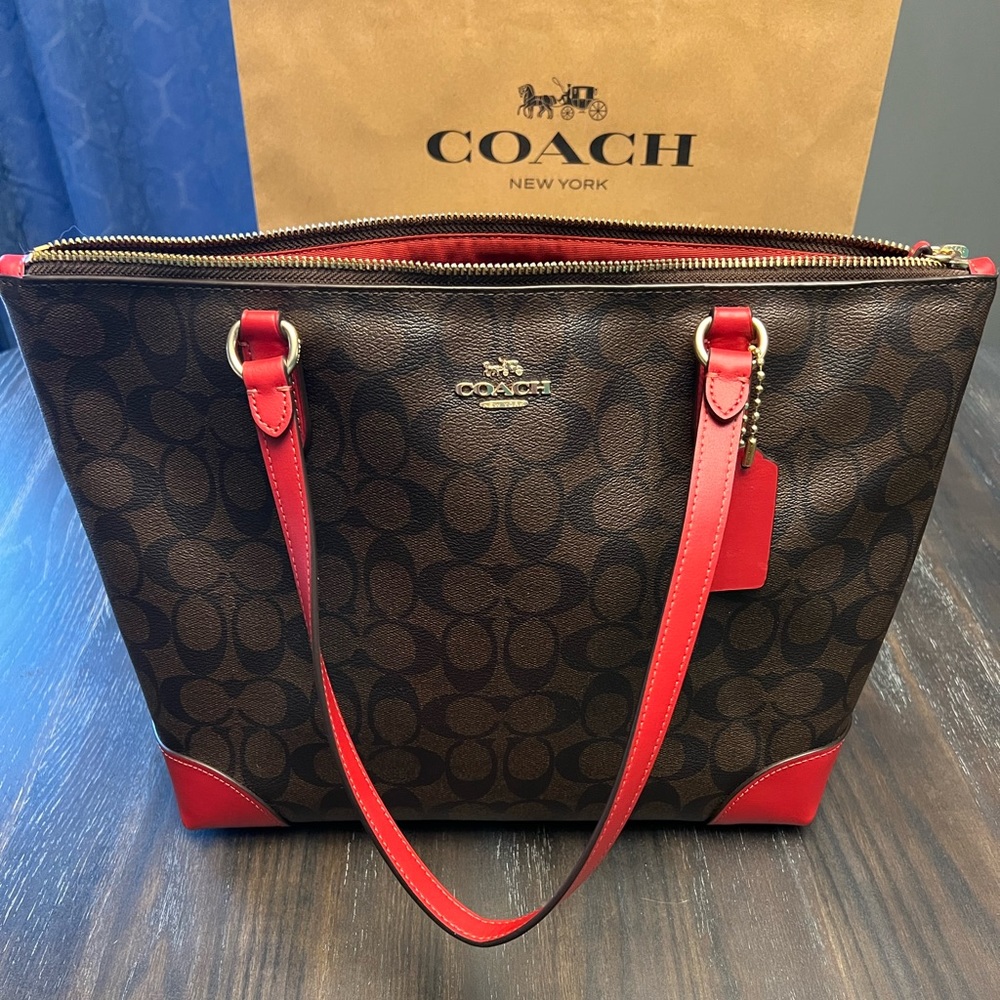 Coach Zip Top Tote In Signature Canvas With Red
